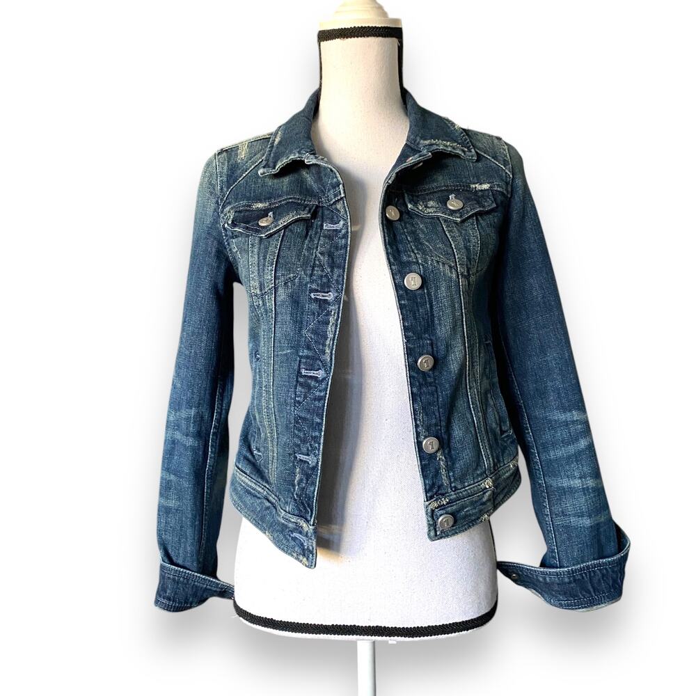 Anthropologie Pilcro Jean Jacket Sz XS Blue Vintage Wash Stretch Denim Trucker